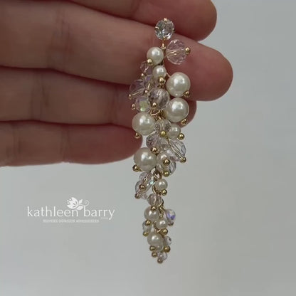 Lara Earrings (mini) - Cluster Crystal & Pearl Wedding Earrings - Available in Silver or gold finish