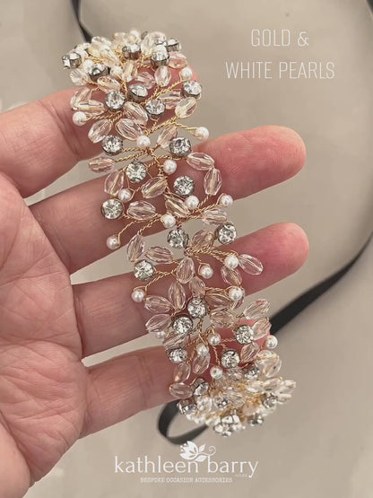 Alecia crystal rhinesone headband with satin ribbon detail Available in gold, silver & rose gold