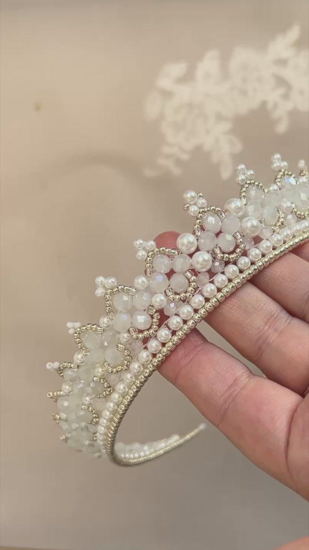 White beaded crown tiara style bridal hair accessories wedding