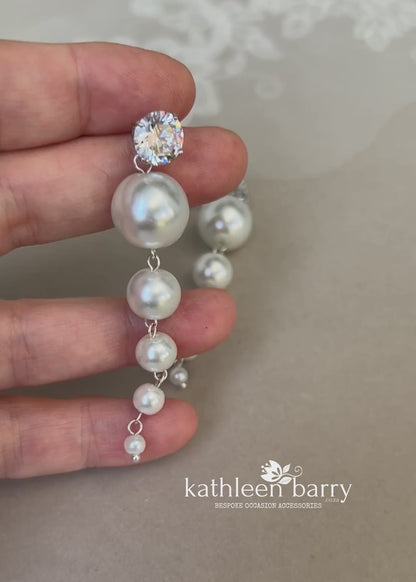 Cubic Zirconia set sterling silver with large pearls graded in size - off white pearls - Statement wedding earrings