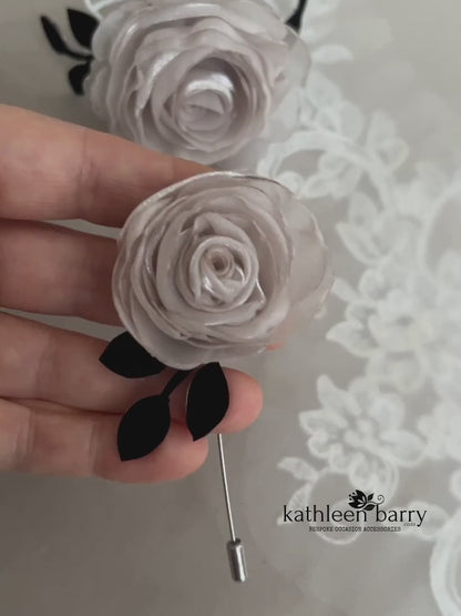 Modern rose Boutonniere / Lapel pin - organza rose with velvet leaf detail