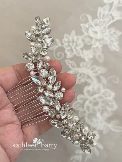 Estelle Rhinestone and pearl extra length hair comb - option for headband styling