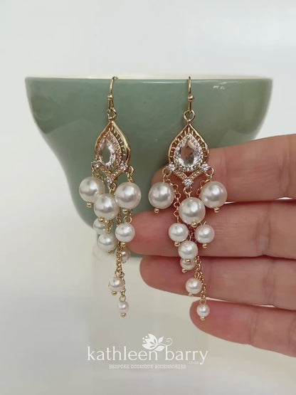 Brooke pearl cubic zirconia chandelier earrings -  white, blush pink or ivory/pearls, Gold finish only.