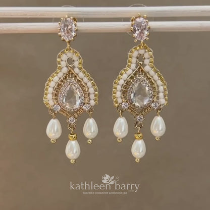 Michaela gold and white pearl drop chandelier earrings with cubic Zirconia - only available in gold finish