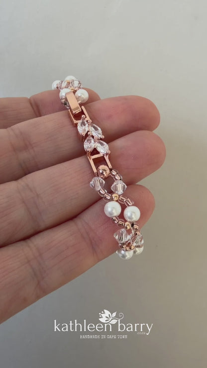 Dainty Pearl Crystal Bridal Bracelet | Marquise CZ Clasp