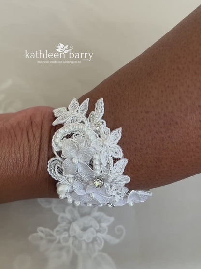 Tegan floral lace cuff bracelet - pearl crystal embellished, custom colors available