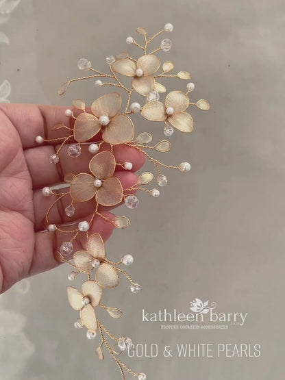 Madelene floral wedding hairpiece, semi opaque flower and leaf detailing, with crystals and seed pearls - Assorted colors available : Gold, silver and rose gold