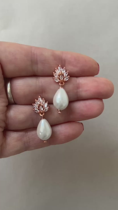 Rose gold or silver leaf detail cubic zirconia stud pearl drop earrings - Ivory or cream pearls (Limited stock)