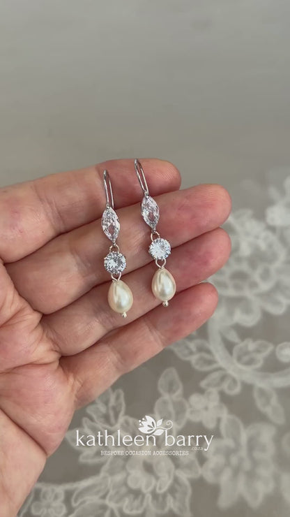katie cubic Zirconia ivory pearl drop earrings - wedding accessories - available in silver or gold / platinum finish