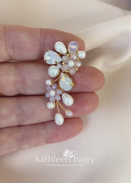 Dainty floral crystal pearl Rhinestone wedding earrings available milky opal & assorted colors and finishes Gold, silver or rose gold STYLE: Bria