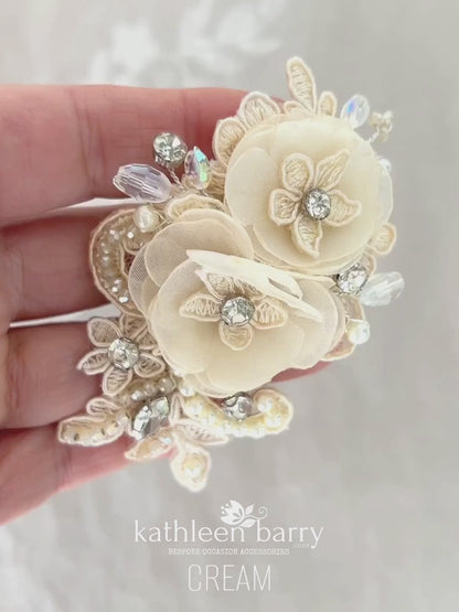 Sheena Hairpiece lace, small flowers and hand beaded - Color options, cream, ivory, white or blush pink
