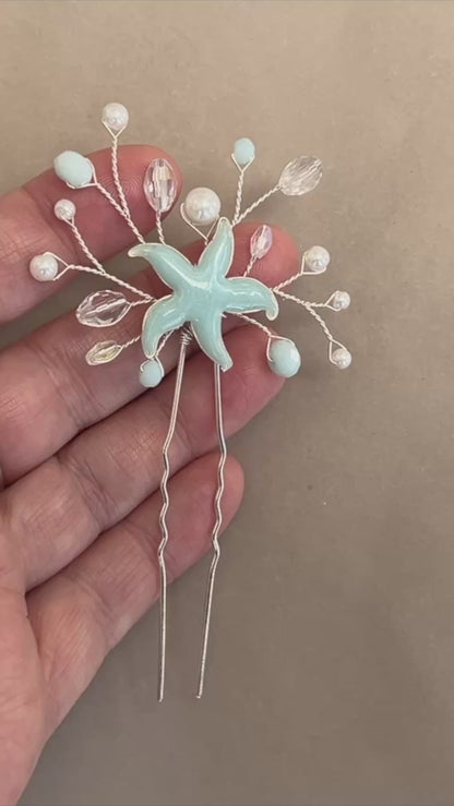 Starfish hair pin, resin inlay, crystal and pearl - sea star beach wedding - Sold Individually
