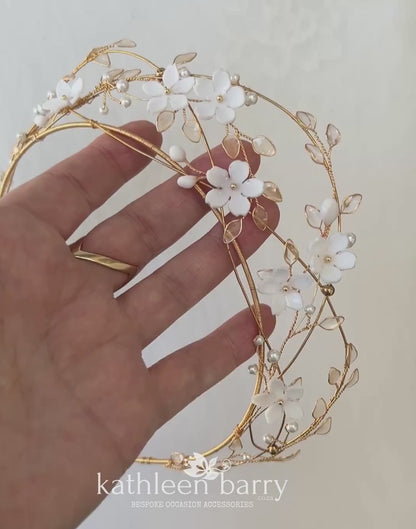 Delicate Tiara style wedding crown flowers transparent leaves and pearls  - Custom colors available - STYLE Lisinka