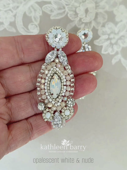 Rhinestone silver and white beaded statement earrings - custom colors available