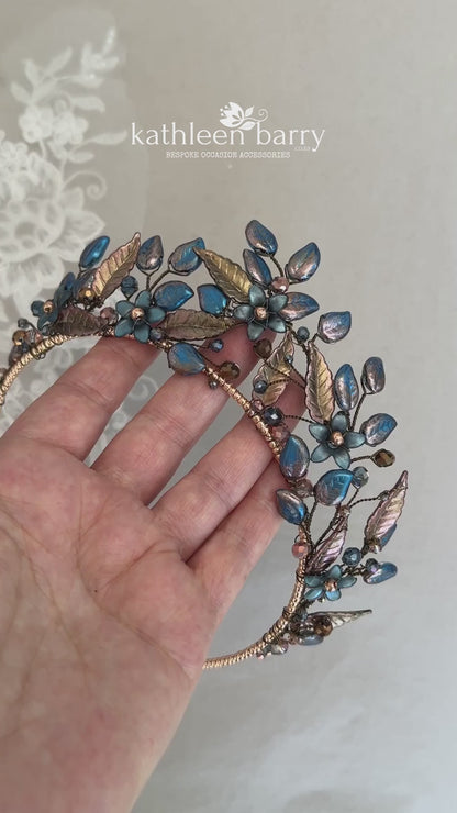 Sanzi floral leaf crown tones of warm rose gold - Autumn shades or navy bronze - custom color options available
