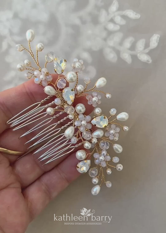 Dainty floral crystal pearl Rhinestone wedding hair comb available milky opal & assorted colors and finishes Gold, silver or rose gold STYLE: Bria