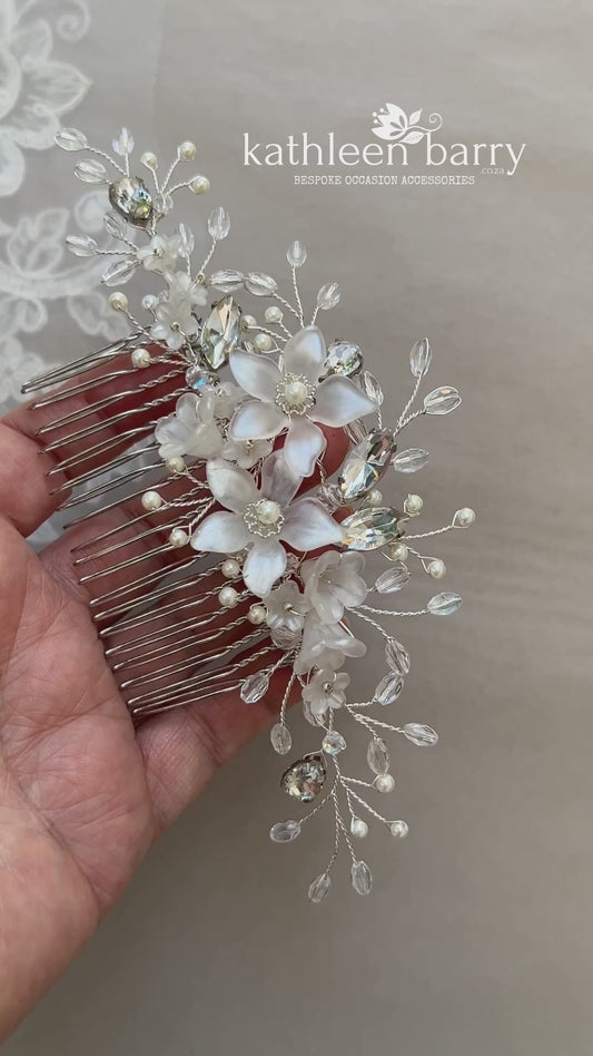 Natalia Floral Spray Crystal, Pearl & Rhinestone Comb - Color options available