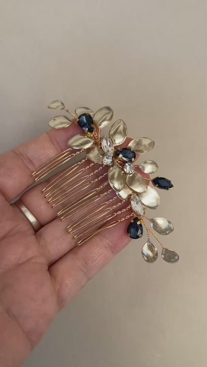 Talisha wedding hair comb Rhinestone and leaf detail - Gold silver or rose gold