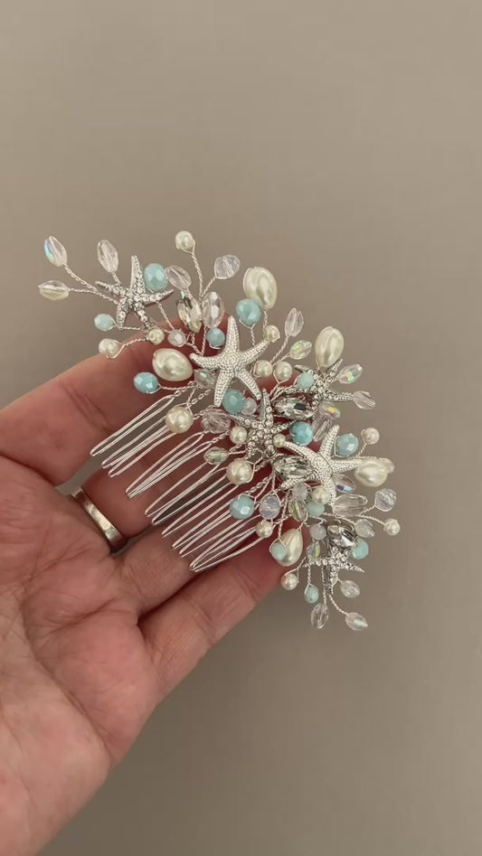 Starfish Crystal, Pearl & Rhinestone Comb - Color and finish options available beach wedding