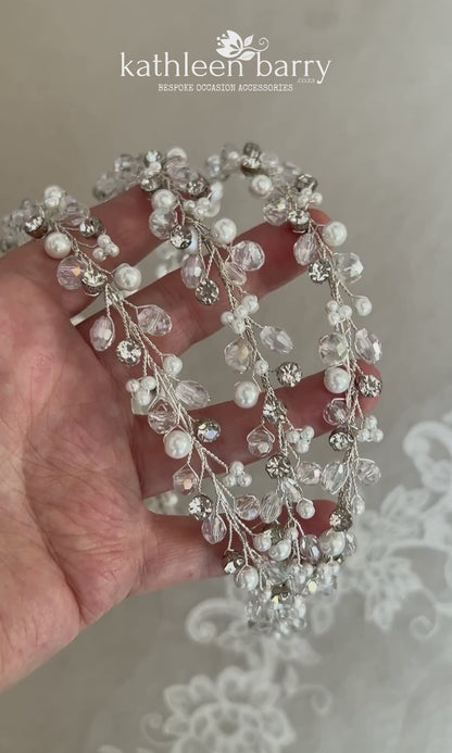 Leah triple strand headband crystal, pearl and rhinestone - Gold, Silver or rose gold options