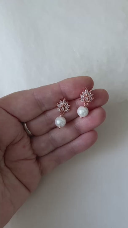 Cubic Zirconia Leaf Wedding Earrings with pearl drop – Rose Gold Finish only STYLE: Abby