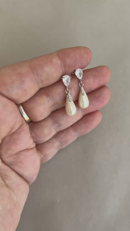 Lilith Cubic zirconia bail pear cut silver earrings - Ivory, cream or blush pink pearls (Limited stock)