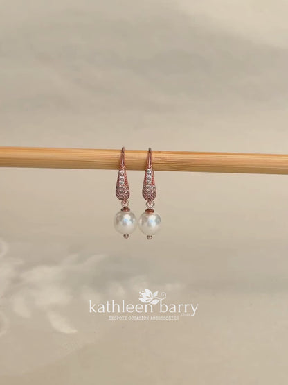 Beatrice Rose gold plated, cubic Zirconia Parve set hook earrings with pearl drops - VERY LIMITED STOCK