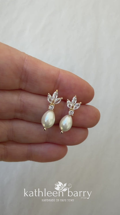 Fleur Dainty Cubic Zirconia and Pearl Drop Earrings - Gold or silver plated