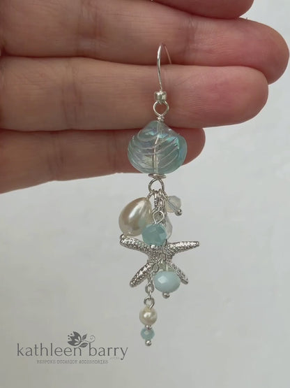 Starfish shell and pearl dangling earrings, beach theme wedding, assorted colors available - wedding jewelery