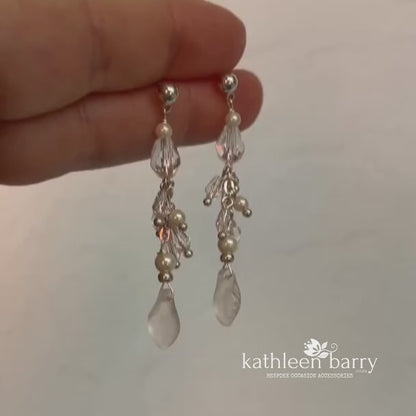 Alexa frosted glass leaf drop earrings crystal and pearl detailing silver, gold or rose gold pearl color options