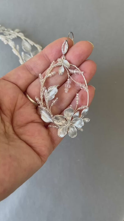 Organic floral leaf statement hoop earrings  - brushed silver, gold (any custom finishes available)