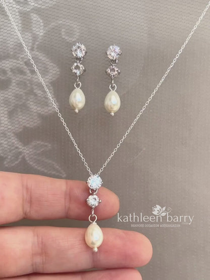 Hazel double Cubic Zirconia studs & pearl drop earrings and or necklace - Sterling silver + Nickel free