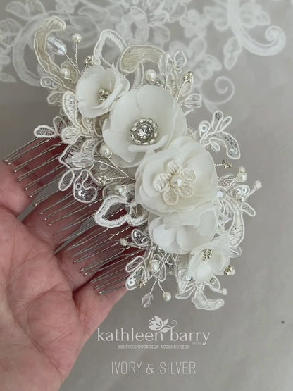 Linda Floral Cafe Latte Lace Bridal Hair Veil Comb, Luxury handmade Flowers, Crystals & Pearls - custom colors available