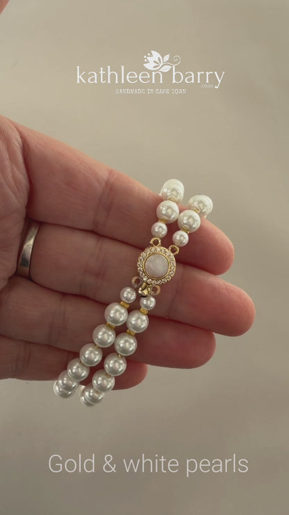 Claudia Double Strand Pearl Bracelet – Mother of Pearl & Pavé Clasp detail - 3 pearl colours