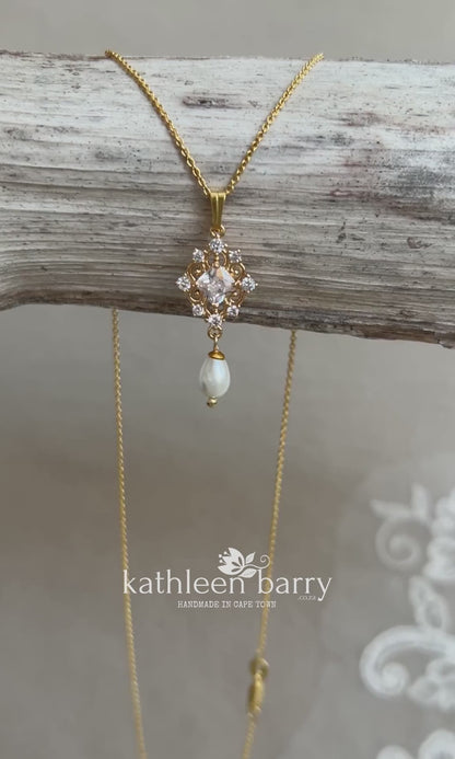 Lola filigree cubic zirconia and pearl necklace- Gold only Pearl color options