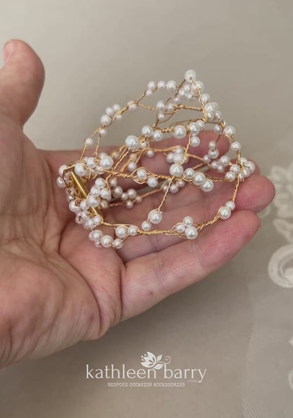 Cherize - Wrap cuff bracelet Pearls & plated wirework in gold, silver or Rose gold.