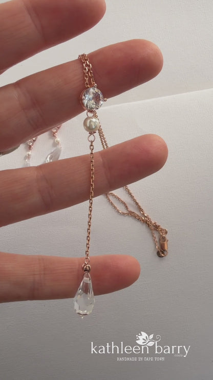 Rose gold or silver Dainty CZ Y Necklace, Bridal Drop Necklace, Pearl Wedding neck chain