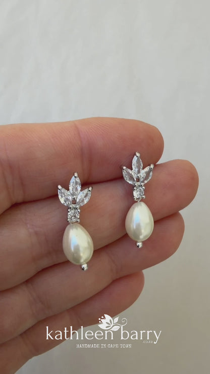 Fleur Dainty Cubic Zirconia and Pearl Drop Earrings - Gold or silver plated