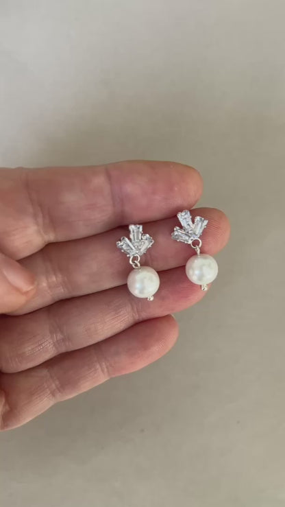 Baguette cut cubic zirconia stud pearl drop earrings gold and silver - Ivory, cream or blush pink pearls (Limited stock)