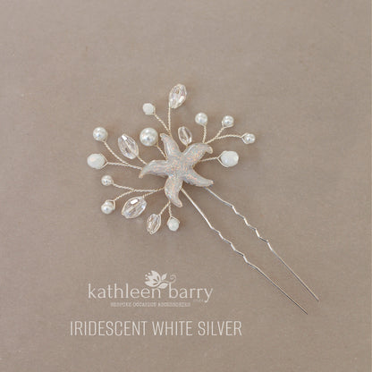 Starfish hair pin, resin inlay, crystal and pearl - sea star beach wedding - Sold Individually
