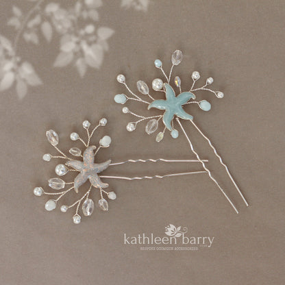 Starfish hair pin, resin inlay, crystal and pearl - sea star beach wedding - Sold Individually