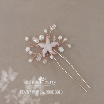 Starfish hair pin, resin inlay, crystal and pearl - sea star beach wedding - Sold Individually
