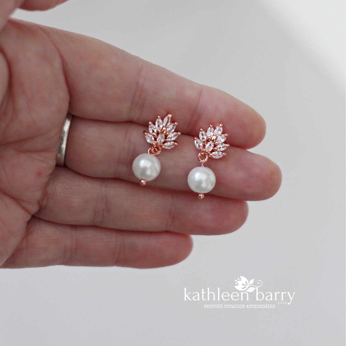 Cubic Zirconia Leaf Wedding Earrings with pearl drop – Rose Gold Finish only STYLE: Abby
