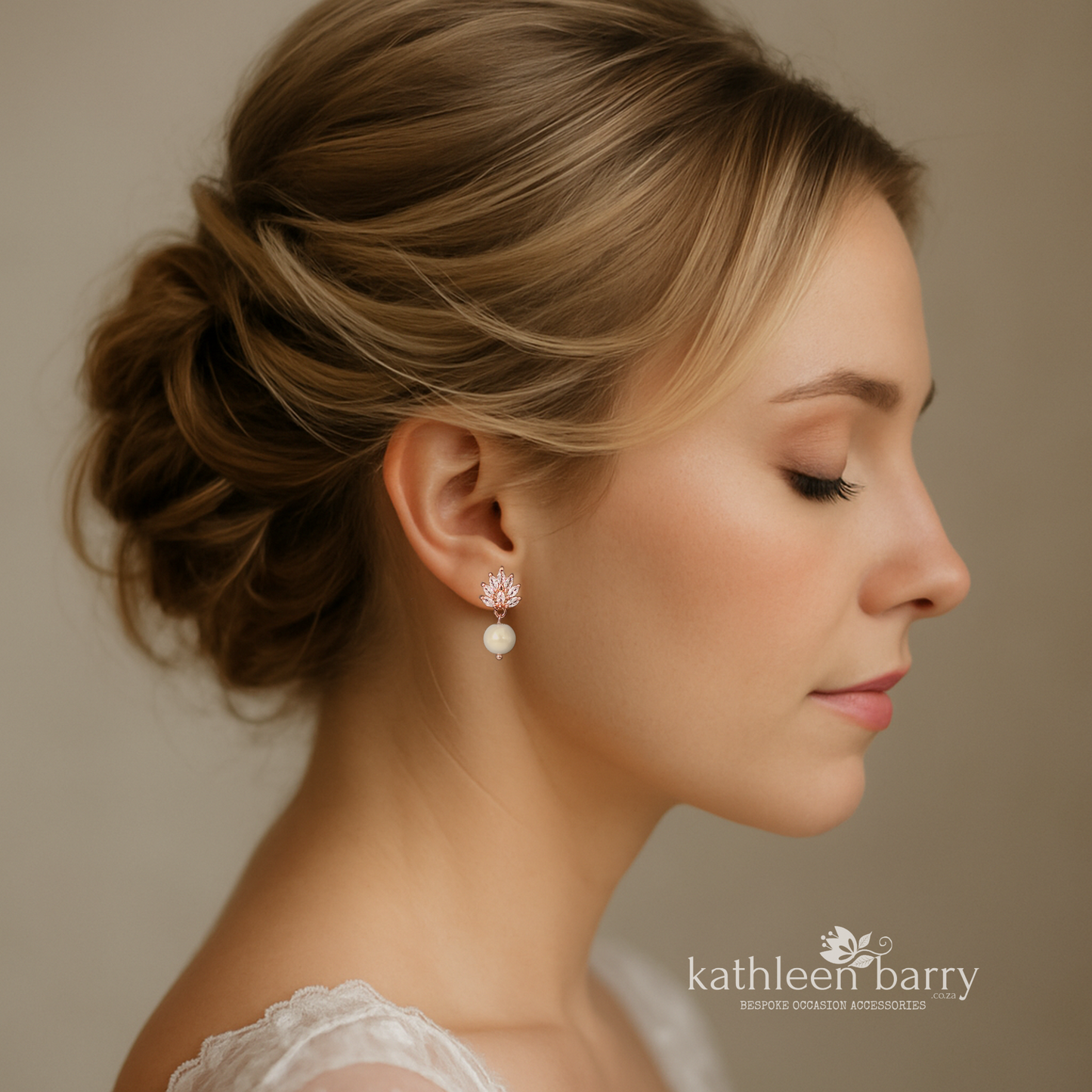 Cubic Zirconia Leaf Wedding Earrings with pearl drop – Rose Gold Finish only STYLE: Abby