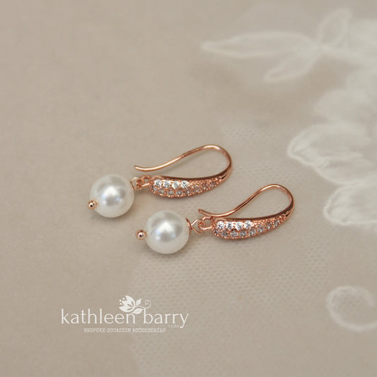 Beatrice Rose gold plated, cubic Zirconia Parve set hook earrings with pearl drops - VERY LIMITED STOCK