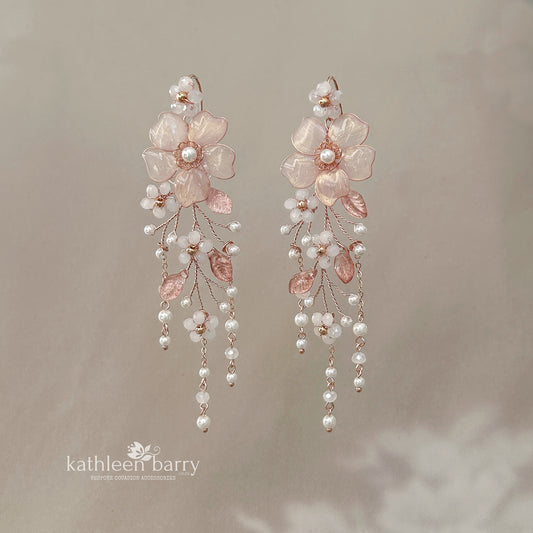 Saleo long variation, floral statement earrings - Floral, crystal & pearl - assorted colors available