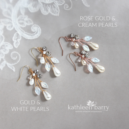 Seona pearl drop leaf earrings assorted pearl colors and finish available