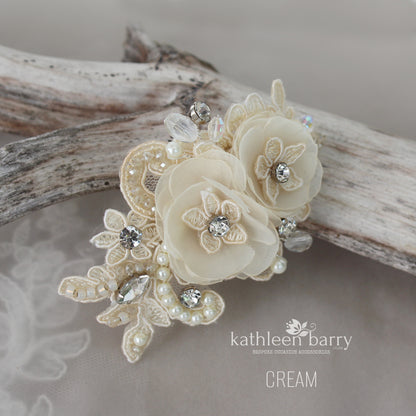 Sheena Hairpiece lace, small flowers and hand beaded - Color options, cream, ivory, white or blush pink