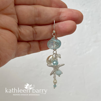 Starfish shell and pearl dangling earrings, beach theme wedding, assorted colors available - wedding jewelery