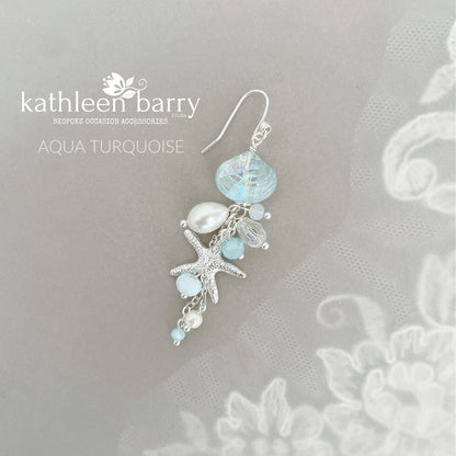 Starfish shell and pearl dangling earrings, beach theme wedding, assorted colors available - wedding jewelery